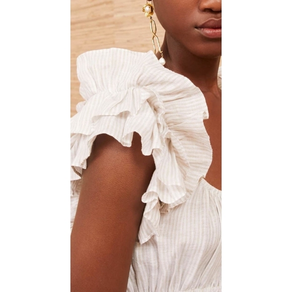 ULLA JOHNSON Rissa Dress Sand 100% Linen Midi Ruffle Tiered Cream Stripe 8 - Picture 4 of 14